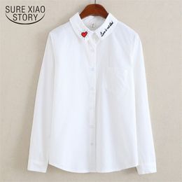 White Long Sleeve Autumn Bottoming Shirt Love Embroidered Cotton Women Blouse Ladies Tops 5598 50 210417