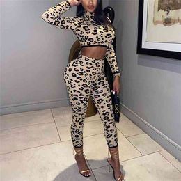 Fashion Sexy Leopard Print Tracksuit Two Piece Set Full Sleeve High Neck Crop Top And Sport Leggings Outfits Active Wear Autumn 210517