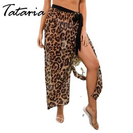 Fashion Women Leopard Print Skirts Summer Sun Protection Chiffon Lace Up Midi Sexy Tulle Femme Seaside Beach 210514