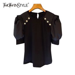 TWOWINSYLE White Patchwork Button Shirt For Women O Neck Short Sleeve Casual Shirts Female Fashion Clothing Style 210524