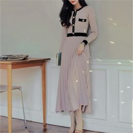 elegant O-neck knitted dress Woman autumn sashes Long-sleeve single-breasted pleated long sweater female 210603