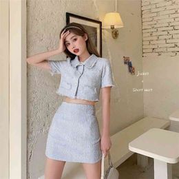 Western Style Woollen Suit, Female Summer Cover Hip Skirt Young Cropped Jacket Lady Girl Skirt Two-Piece Set Slim-Fit 210730