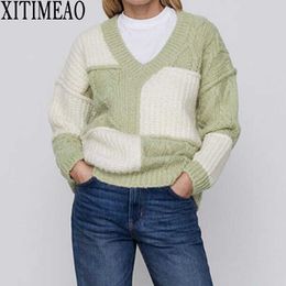 ZA Autumn Winter Women Pullovers Sweaters Jumper Simple Style Soft Warm Female Lattice Splicing V-neck Loose Knitted Sweater 210602