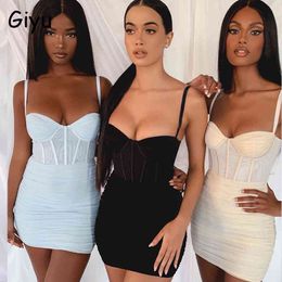 Giyu Sexy Mesh Night Club Party Dress Women 2020 Summer Spaghetti Strap Backless Bodycon Mini Dresses Elegant Ruched Vestidos X0521