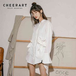 Flare Sleeve Long Blouse Women White Loose Bow Button Up Collar Shirt High Low Top Streetwear Fall 210427