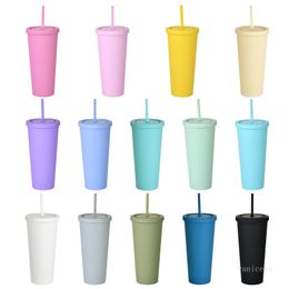 22oz Plastic Straw Cups Reusable Tumblers Simple Solid Colour Frosted Cold Drink Cup with Cover 14 Colours T500554