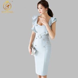 Summer Double-Breasted Elegant Korea OL Dress Women Square Collar Ruffles Split Dresses Vestidos Free Belt 210520