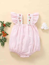 Baby Gingham Print Floral Embroidery Ruffle Trim Bodysuit SHE
