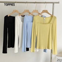 Toppies Sexy Square Collar Blouses Tops Women Long Sleeve Slim Tops Solid Color Japan Clothes 210412