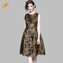 Fashion Vintage Elegant Jacquard Sleeveless Tank Dress High Waist Women Embroidered Golden Flowers Summer 210520