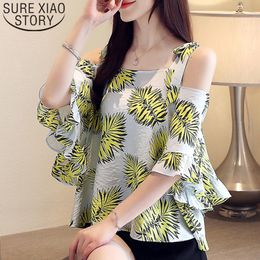 Womens And Blouses Ladies Tops Chiffon Blouse Shirt Print Bow Top For Women Slash Neck Flare Sleeve Harajuku 4492 50 210415