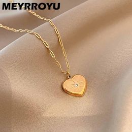 Pendant Necklaces MEYRROYU Love Heart Stainless Steel Necklace For Women Vintage Simple Zircon Jewellery Golden Clavicle Chain 2021 Trendy