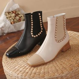 Boots Kickway Elegant Concise Pearl Women Warm Genuine Leather Square Toe Thick Heels Pumps Wedding Office Lady Shoes 46