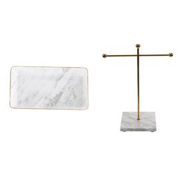 small metal rack UK - Jewelry Pouches, Bags Metal Golden Storage Rack With Marble Base Small & Ceramic Tray Ring Necklace Display Desktop Box