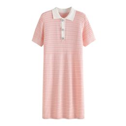 Pink Blue Knitted Dress Turn Down Collar Short Sleeve Polo Mini D1128 210514