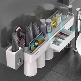 Magnetic Adsorption Toothbrush Holder Toothpaste Dispenser Wall Mounted Storage Box Multifunction Bathroom Accessories Set 210423