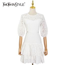 White Hollow Out Dress For Women O Neck Lantern Half Sleeve High Waist Mini Dresses Females Summer Fashion 210520