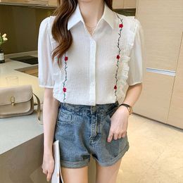 Women's Shirt Button Up Blouses for Women Embroidery Floral Shirts Summer White Polo Neck Basic Clothing OL 210604