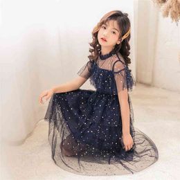 Kids Dresses for Girls Dress Mesh Star Sequins Teenage Girls Princess Dress Summer Short Sleeve Children Costume 6 8 10 12 Year 210331