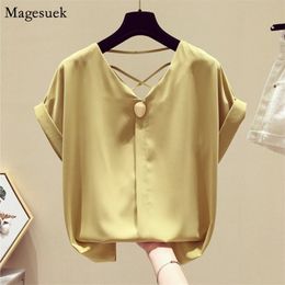 Summer Solid Loose Chiffon Blouse Women Korean V-Neck Plus Size Short Sleeve Shirts Office Lady Clothes Blusas 9306 50 210512