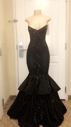 Black Mermaid Prom Dress High Quality Sequins Sleeveless Tiered Event Wear Party Gown Custom Made Plus Size Available