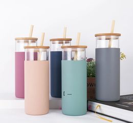 500Ml Glass Water Tea Tumblers Bottles Bamboo Lid Silicone Sleeve Coffee Drinking bottle With Straw RRB12062