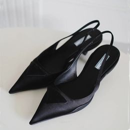 Sandalo estivo scarpe tacco basso per donna sandali sexy pantofola punta a punta nera in vera pelle Décolleté slingback in pelle spazzolata 35-41