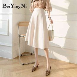 Beiyingni A-line Skirts Woman High Waist Casual Streetwear Work Wear Office Ladies Skirt Midi Retro Korean Style Faldas Femme OL 210629