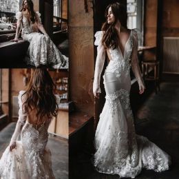 Boho Mermaid Wedding Dresses Bridal Gown Backless 3D Floral Applique Handmade Flowers Long Sleeves Illusion Beads Sweep Train Custom Made Plus Size Vestido De 403