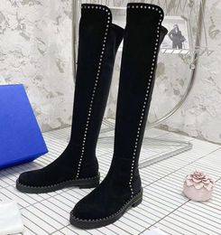 Non slip button nailed knee boots womens new winter flat bottom thick heel leather boots high tube elastic Knight boots with box and dustbag