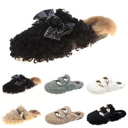 Cheaper autumn winter womens slippers metal chain all inclusive wool slipper for women outer wear plus big szie Muller half drag shoes Eur 35-40