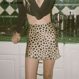 Retro Elastic High Waist Leopard Print Satin Skirt like Silk Summer Women Mini Short A-line Skirts 210429
