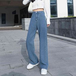 Jacquard Blue Women Pants Casual Striped Retro Basic Straight Loose Plus Size Jeans Y2K Fashion Trendy Ladies Trousers 211129