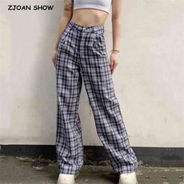 Vitage 90s Cheque Gingham Plaid Wide Leg Pants Woman High Waist Full length Causal Trousers Cool girl Loose Long Home 210429