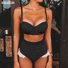 INGAGA Push Up Bikinis Mujer Lace Swimwear Women Black Swimsuit Female High Waist Bathing Suit Dot Biquini Beach Wear 210621