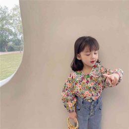 Korean style Spring 2021 little girls floral embroidery mesh collar shirts baby child retro long sleeve shirt clothes 210331