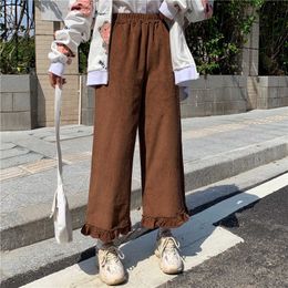 Japanese Kawaii Preppy Style Ruffles Girl'S 2020 Autumn Loose Fall Women Solid Lolita Style Capris High Waist Leg Trousers Pants Q0801