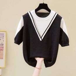 Oversized Pullover Knitted Short Sleeve Sweater Women Summer Hollow Out Slim Basic Female Knit Purfle Shirts Korea 210604