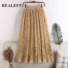 Summer Chiffon Floral Print Pleated Women's Long Skirts Bohemian High Waist Loose Female Umbrella Spring 210428