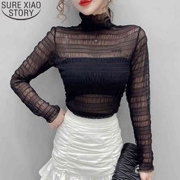 Sexy Mesh Lace Bottoming Women See Through High Elastic Shirt Turtleneck Fashon Pleated Blouse Slim Fit Tops 10458 210417