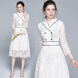 Fashion Turn-down Collar Party Dress Women Solid Three Quarter Sleeve Spring Summer Lace Casual Vestidos Robe 210529