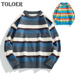 Mens Colour Stripes Sweaters Casual Pullovers Streetwear Harajuku Knitted Hit Colour Sweater Male Oversize Tops Autumn Winter 3XL Y0907