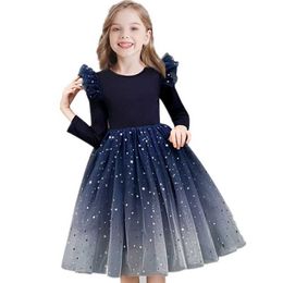 Girls Sequins Star Dress 2021 Spring Kids Princess Long Sleeve Frocks Dress for Children Girls Birthday Party Wear 4 5 6 8 10Y Q0716