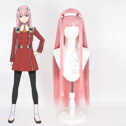 Anime DARLING in the FRANXX 02 ZERO TWO Long Wig Cosplay Wig Role Play Pink Color Cos Wig Y0903