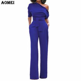 Women Jumpsuit One Shoulder with Sashes Pockets Officewear Romper Combinaison Fashion Female Jumpsuits For Elegant Lady Clothing 210416