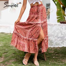 Ethnic summer ruffled floral print slit maxi sash High waist women a-line skirts holiday Sexy beach skirt vestidos 210414