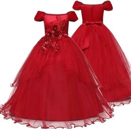 Red Christmas Party Kids Flower Lace Elegant Princess Children Prom Gowns Dresses Girl Evening Long Tulle Dress 210331