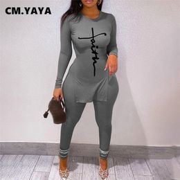 CM.YAYA Women Tracksuit Print Slited Long Tops + Skinny Pants Two 2 Piece Sets Fashion Casual Set Autumn Outfits 220315