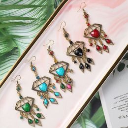 Ethnic Women's Exaggerated Alloy Hollow Dangle Earrings Hanger Indian Rhinestone Tassel Triangle Geometric Earring Vintage