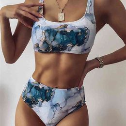 Print Sport Bandeau Push up Bikinis Sexy Marble Women Swimsuit High Waist Swimwear bathing suit Beach wear 210630